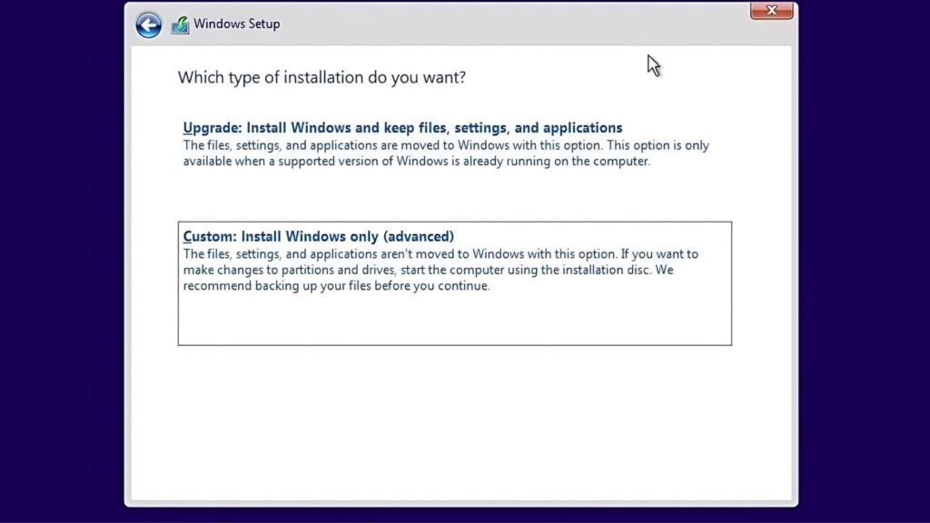 Next” -> “Custom: Install Windows Only (Advanced)