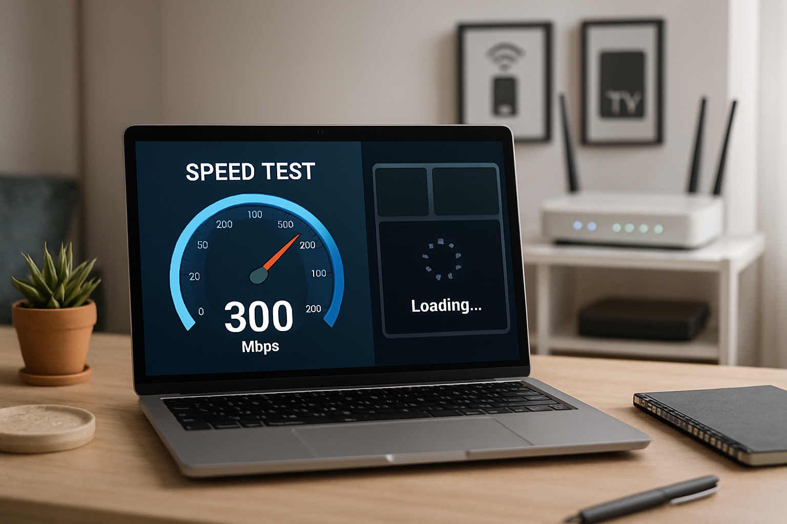 Laptop displaying 300 Mbps speed test while video buffers, with Wi-Fi router and connected devices in a home office.