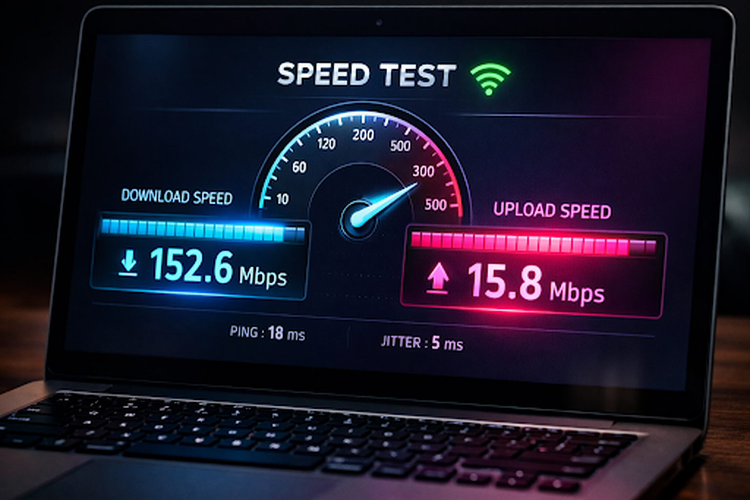 Upload vs download speed test showing download speed 152.6 Mbps and upload speed 15.8 Mbps on a laptop screen