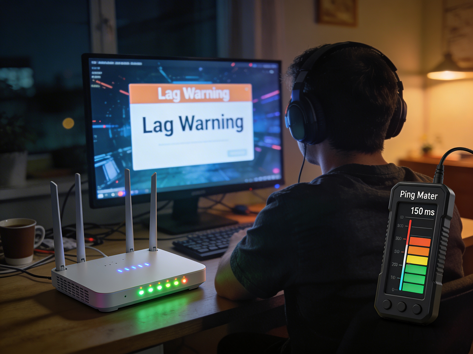 gamer experiencing lag warning and high ping while playing online game on fast internet
