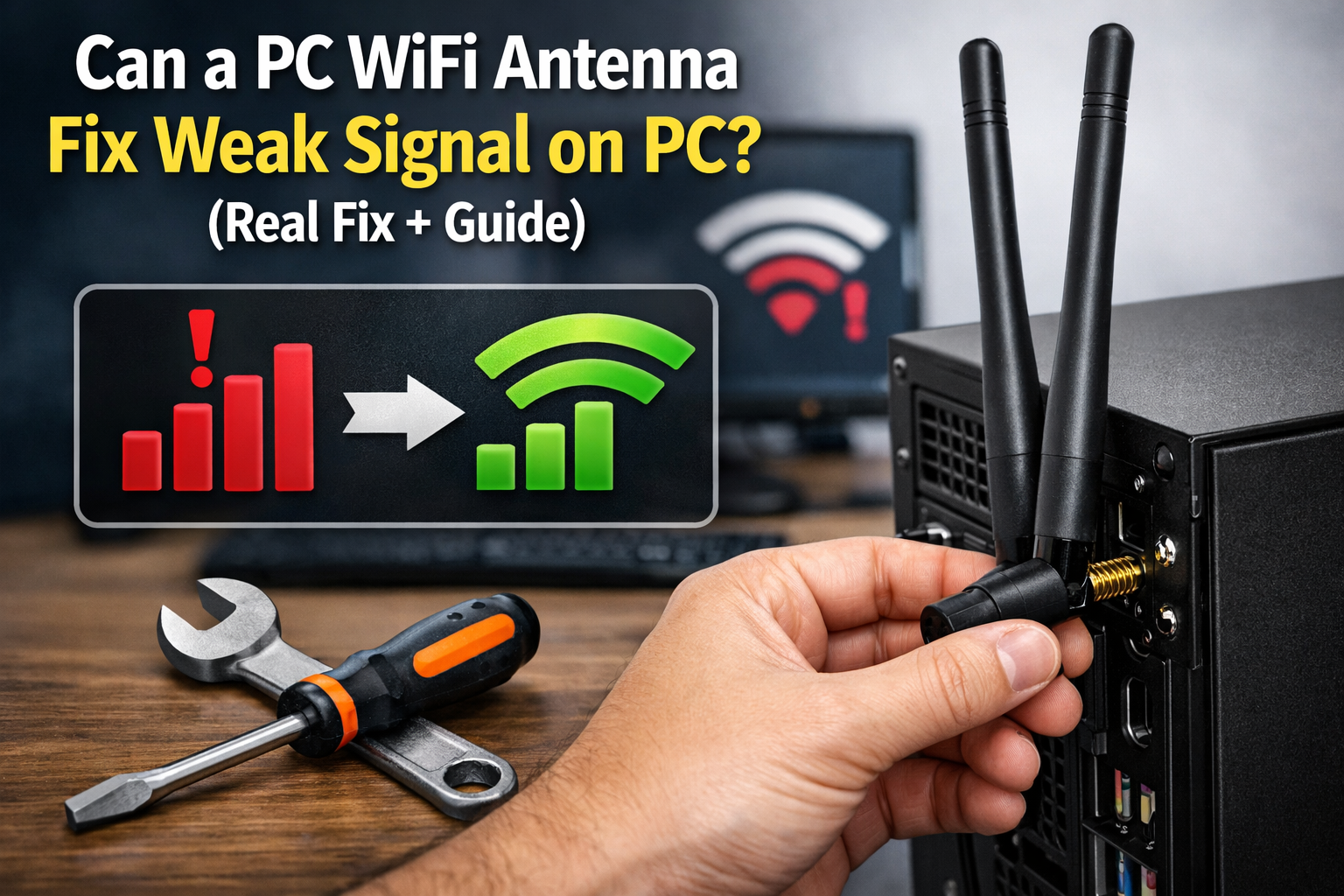 Hand attaching dual PC WiFi antenna to a desktop computer to fix weak signal and improve internet speed