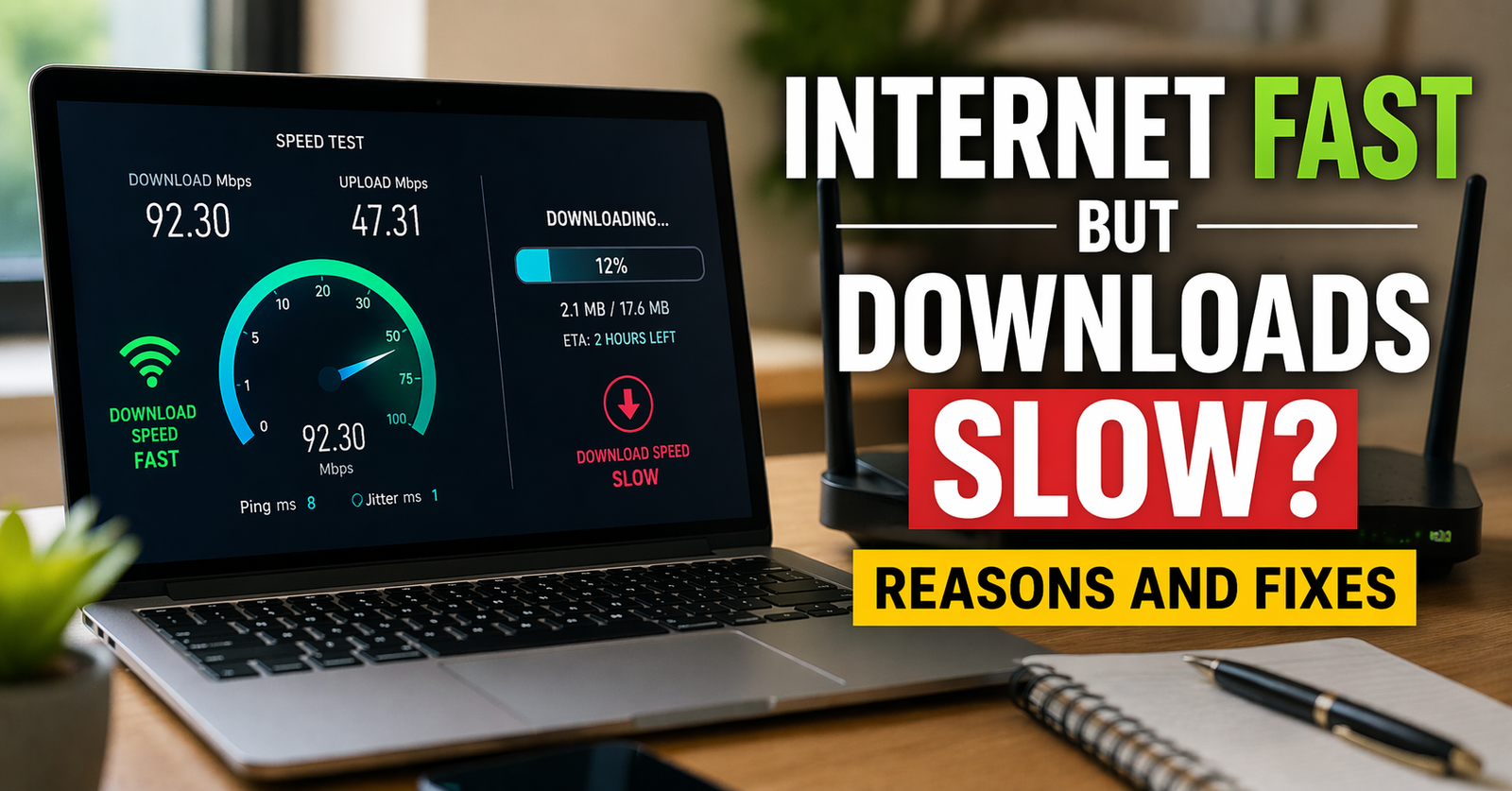 Internet fast but downloads slow on laptop showing speed test and slow downloading issue