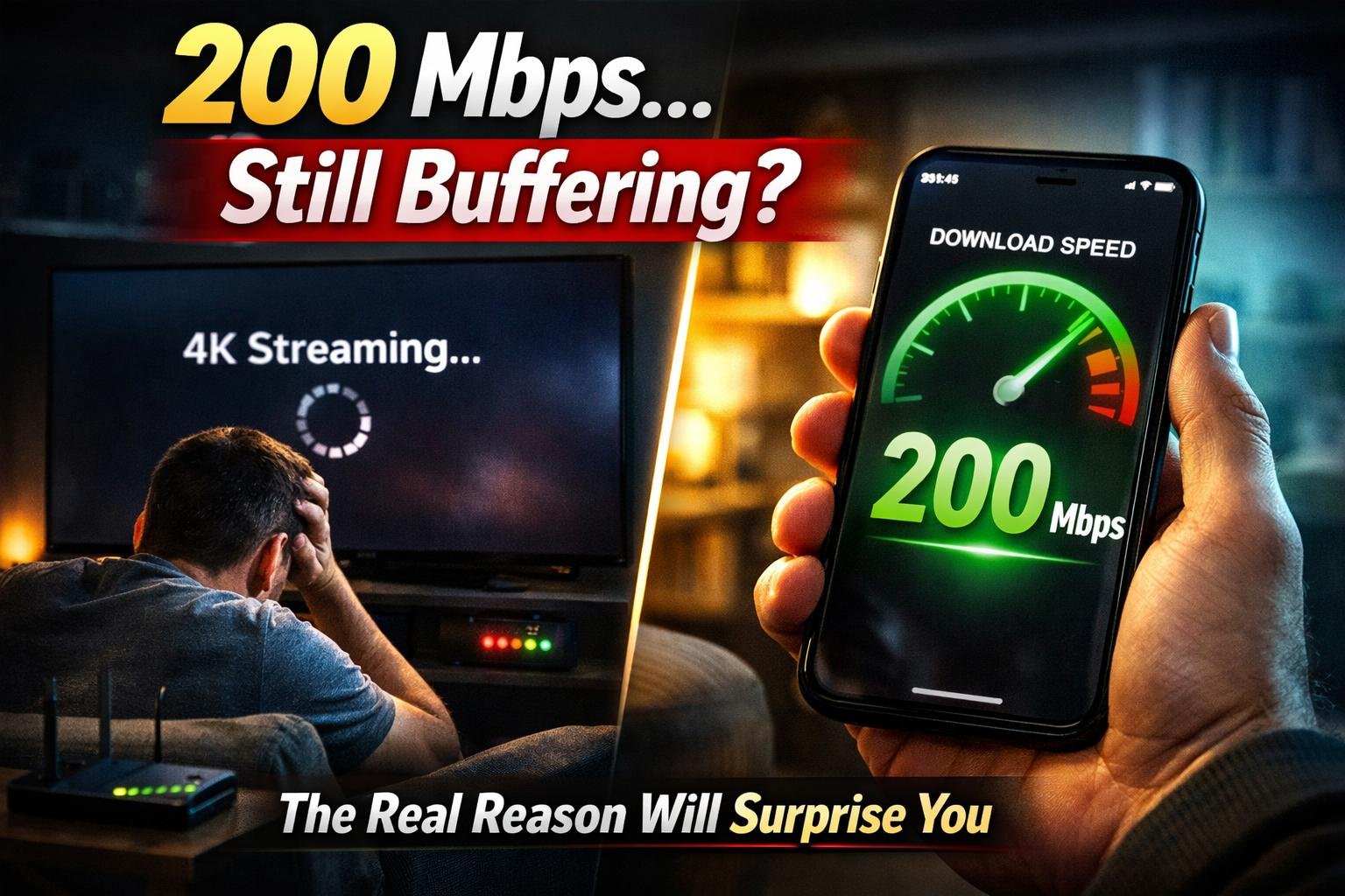 A frustrated viewer watching a 4K TV with a red buffering circle, demonstrating why a 200 Mbps internet plan can still struggle with Netflix due to Wi-Fi interference.