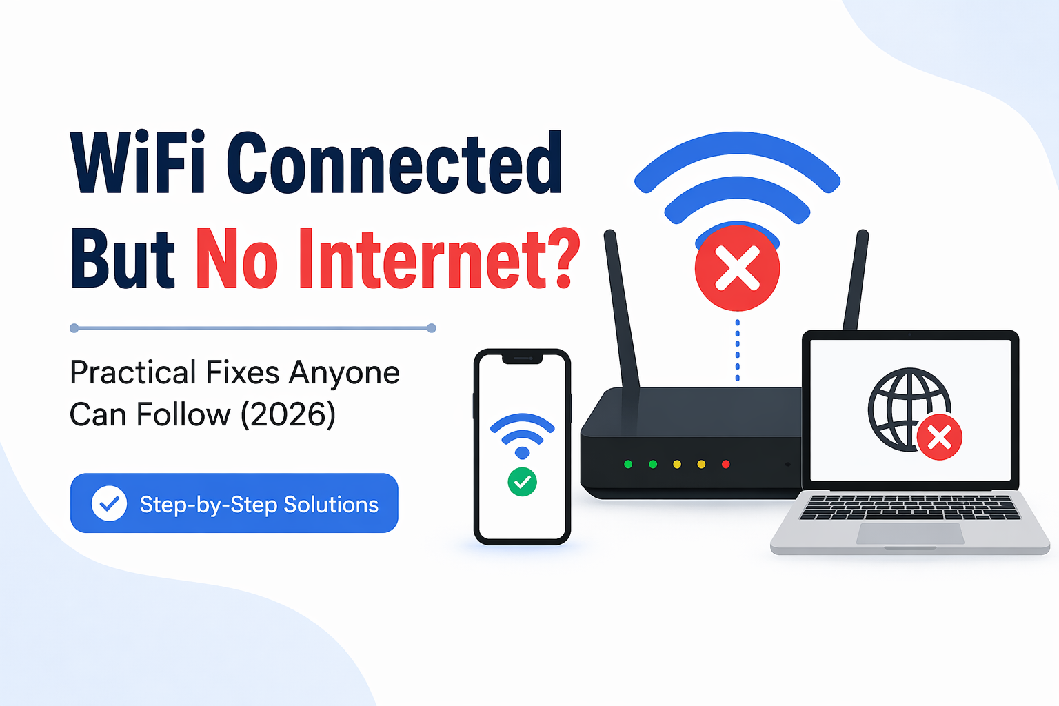 WiFi connected but no internet featured image showing router, laptop and phone with no internet connection problem and troubleshooting fixes