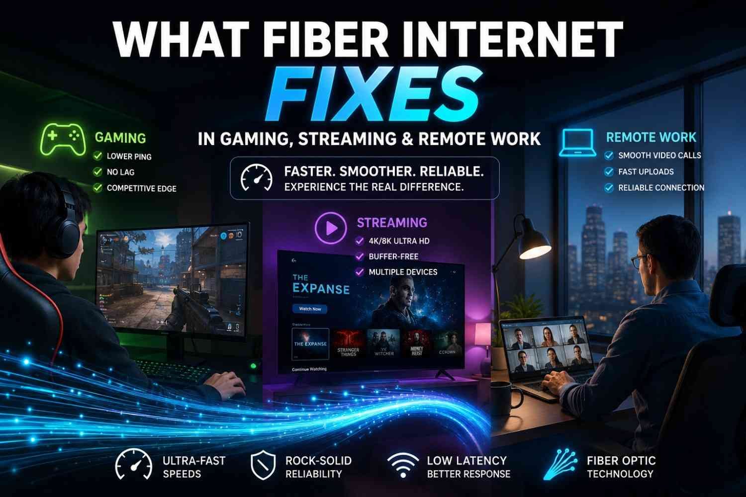Fiber internet improving gaming, 4K streaming, and remote work performance with lower latency and stable speeds.
