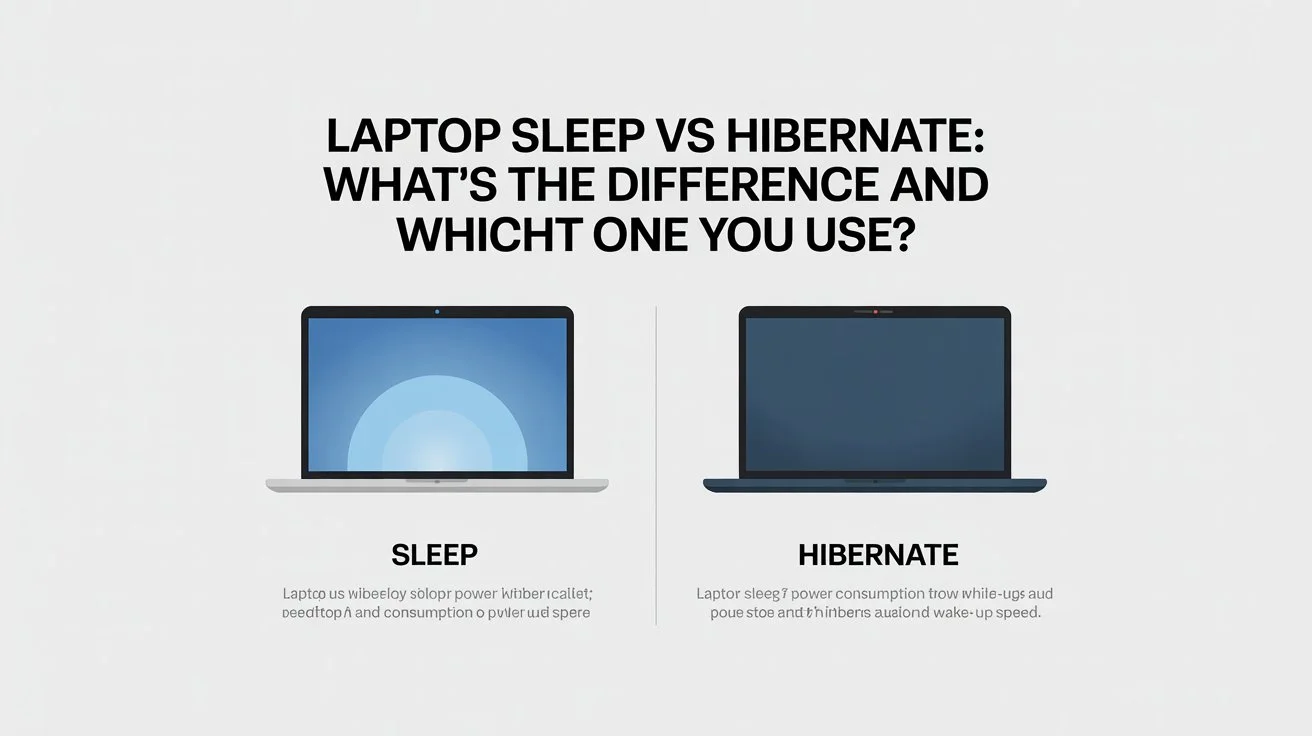 Laptop Sleep vs hibernate comparison on a laptop showing differences in power usage, wake time, and battery consumption.